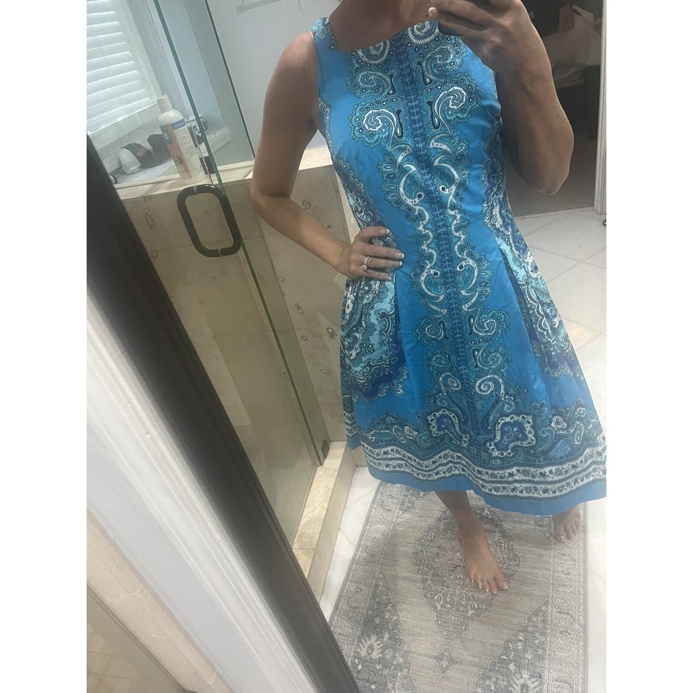 Talbots RSVP Pockets Paisley Print A Line Dress Tea Length 6 Blue Green White